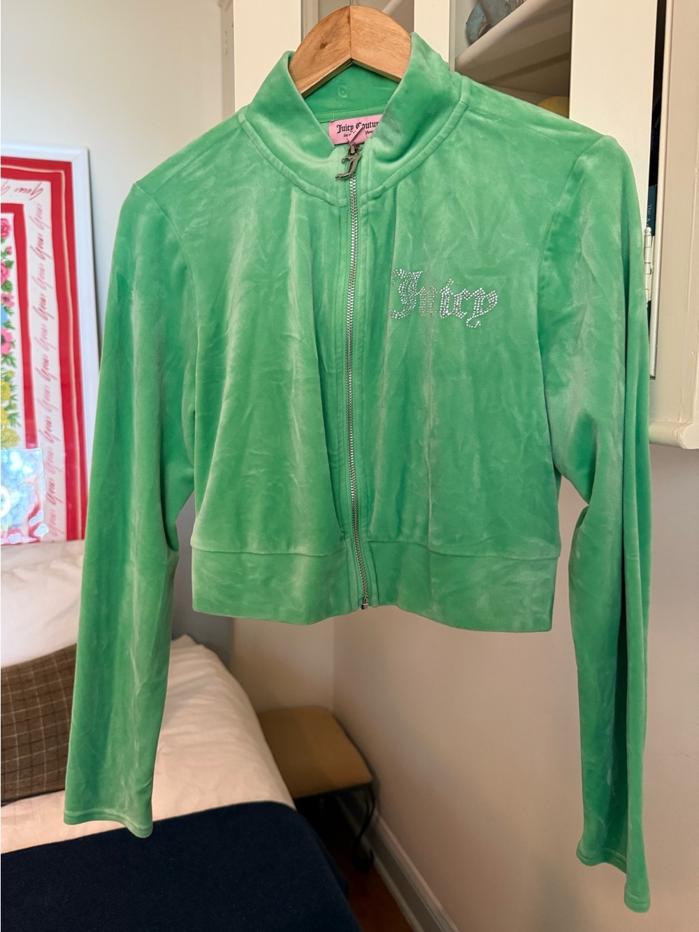 Juicy Couture Green Velour Cropped Rhinestone Zip Jacket Size L Y2K